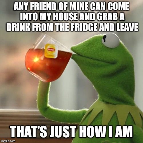 But That's None Of My Business | ANY FRIEND OF MINE CAN COME INTO MY HOUSE AND GRAB A DRINK FROM THE FRIDGE AND LEAVE; THAT’S JUST HOW I AM | image tagged in memes,but thats none of my business,kermit the frog | made w/ Imgflip meme maker