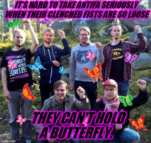 Just saying. The fist is lame. It doesn't look remotely intimidating. | IT'S HARD TO TAKE ANTIFA SERIOUSLY WHEN THEIR CLENCHED FISTS ARE SO LOOSE; THEY CAN'T HOLD A BUTTERFLY. | image tagged in antifa,nixieknox,baby fist,memes | made w/ Imgflip meme maker