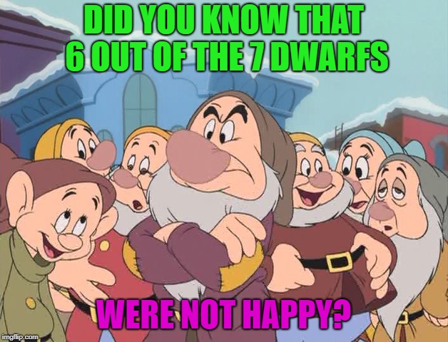 And now you know | DID YOU KNOW THAT 6 OUT OF THE 7 DWARFS; WERE NOT HAPPY? | image tagged in seven dwarfs,memes,funny,happy | made w/ Imgflip meme maker