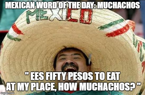 mexican word of the day | MEXICAN WORD OF THE DAY: MUCHACHOS " EES FIFTY PESOS TO EAT AT MY PLACE, HOW MUCHACHOS? " | image tagged in mexican word of the day | made w/ Imgflip meme maker