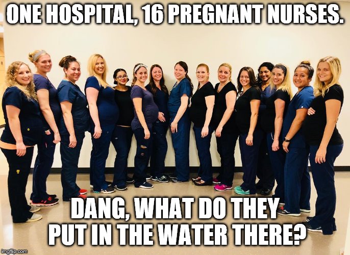 Don't drink the water | ONE HOSPITAL, 16 PREGNANT NURSES. DANG, WHAT DO THEY PUT IN THE WATER THERE? | image tagged in pregnant,nurses | made w/ Imgflip meme maker