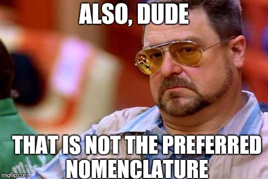 Walter The Big Lebowski | ALSO, DUDE; THAT IS NOT THE PREFERRED NOMENCLATURE | image tagged in walter the big lebowski | made w/ Imgflip meme maker