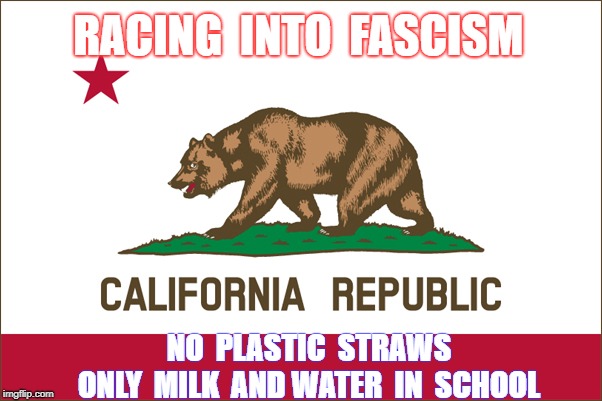 California is racing into fascist tyranny | RACING  INTO  FASCISM; NO  PLASTIC  STRAWS          

ONLY  MILK  AND WATER  IN  SCHOOL | image tagged in california,fascism,socialism,plastis straws,milk | made w/ Imgflip meme maker