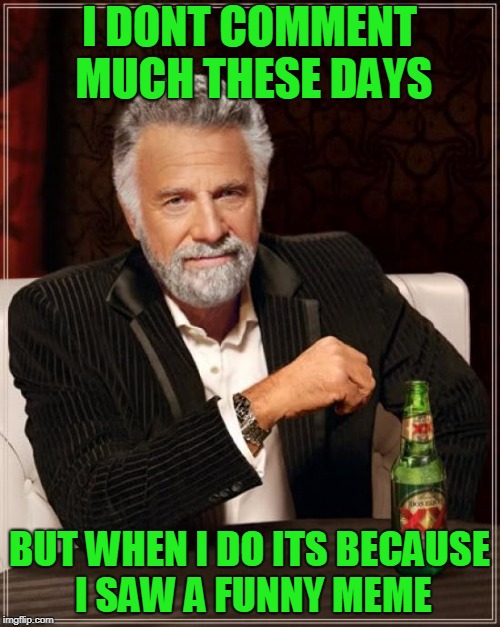 The Most Interesting Man In The World Meme | I DONT COMMENT MUCH THESE DAYS BUT WHEN I DO ITS BECAUSE I SAW A FUNNY MEME | image tagged in memes,the most interesting man in the world | made w/ Imgflip meme maker