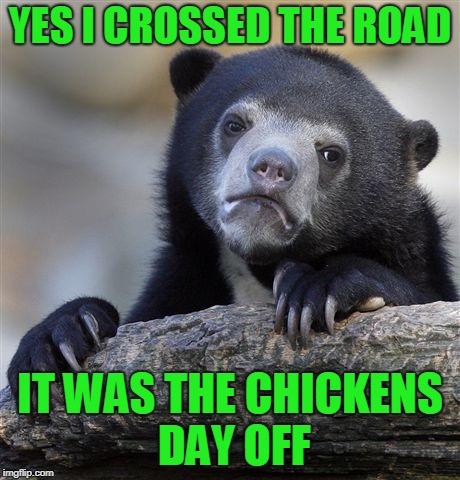 Confession Bear Meme | YES I CROSSED THE ROAD IT WAS THE CHICKENS DAY OFF | image tagged in memes,confession bear | made w/ Imgflip meme maker