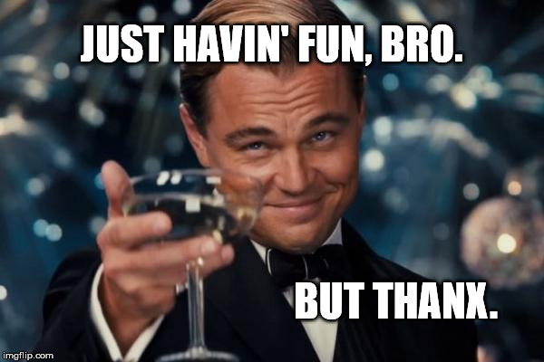 Leonardo Dicaprio Cheers Meme | JUST HAVIN' FUN, BRO. BUT THANX. | image tagged in memes,leonardo dicaprio cheers | made w/ Imgflip meme maker