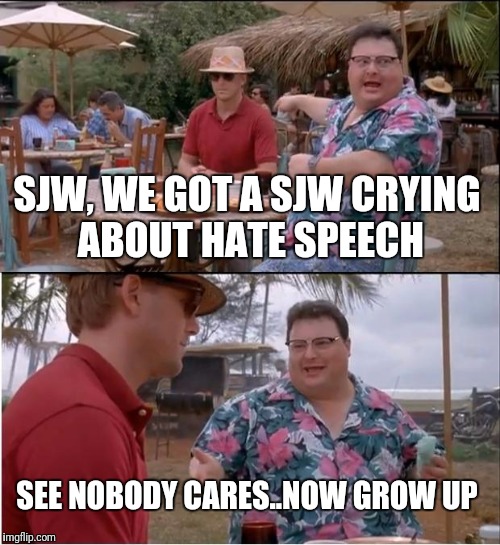 See Nobody Cares Meme | SJW, WE GOT A SJW CRYING ABOUT HATE SPEECH; SEE NOBODY CARES..NOW GROW UP | image tagged in memes,see nobody cares | made w/ Imgflip meme maker