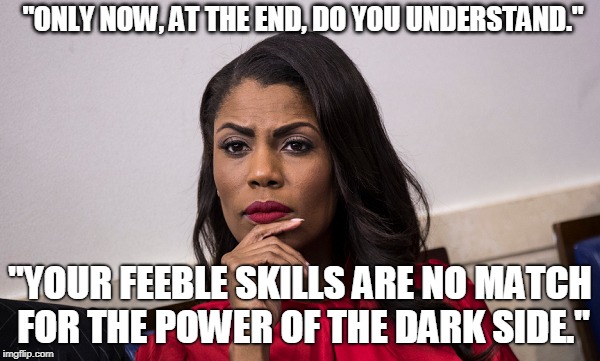 omarosa newsweek | "ONLY NOW, AT THE END, DO YOU UNDERSTAND."; "YOUR FEEBLE SKILLS ARE NO MATCH FOR THE POWER OF THE DARK SIDE." | image tagged in omarosa newsweek | made w/ Imgflip meme maker