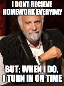 Most Interesting Man No Beer | I DONT RECIEVE HOMEWORK EVERYDAY; BUT; WHEN I DO, I TURN IN ON TIME | image tagged in most interesting man no beer | made w/ Imgflip meme maker