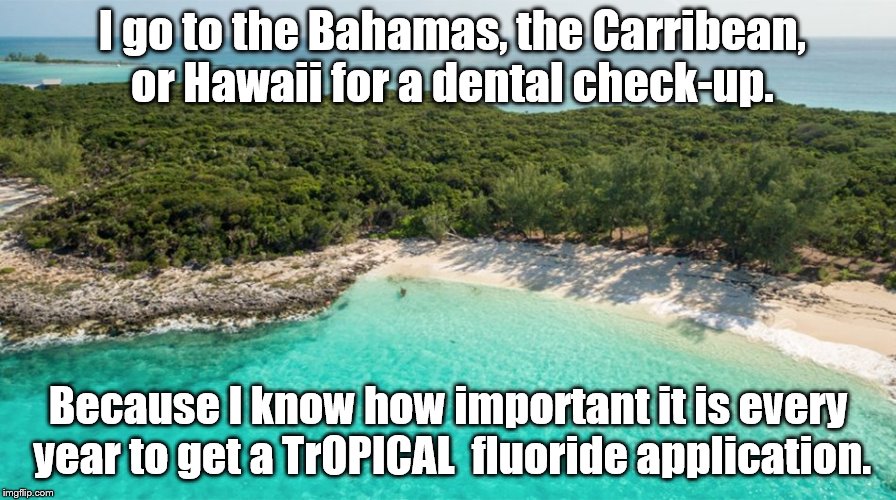 Another Bad pun. | I go to the Bahamas, the Carribean, or Hawaii for a dental check-up. Because I know how important it is every year to get a TrOPICAL  fluoride application. | image tagged in tropical,dentists | made w/ Imgflip meme maker