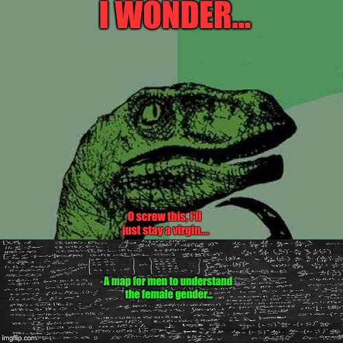 Philosoraptor | I WONDER... O screw this, i'll just stay a virgin.... A map for men to understand the female gender... | image tagged in memes,philosoraptor | made w/ Imgflip meme maker