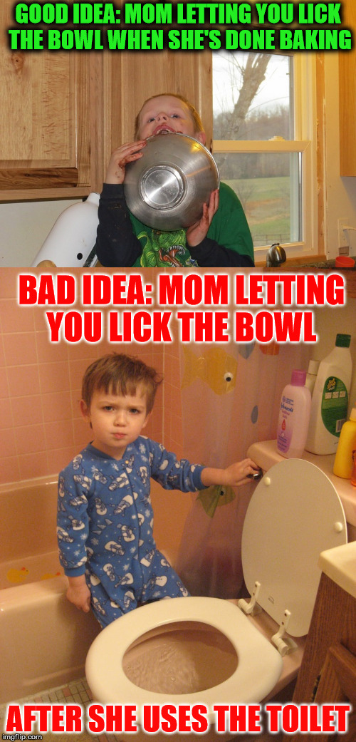 Good idea: Bad idea | GOOD IDEA: MOM LETTING YOU LICK THE BOWL WHEN SHE'S DONE BAKING; BAD IDEA: MOM LETTING YOU LICK THE BOWL; AFTER SHE USES THE TOILET | image tagged in good idea,bad idea,lick the bowl,motherhood,baking | made w/ Imgflip meme maker