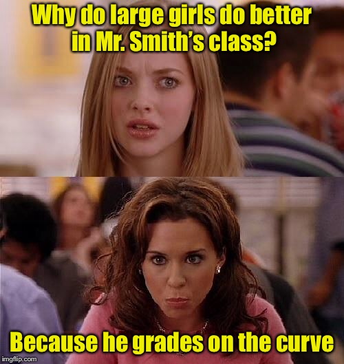Large girls are graded on the curve | Why do large girls do better in Mr. Smith’s class? Because he grades on the curve | image tagged in mean girls,memes,bad pun,grades | made w/ Imgflip meme maker