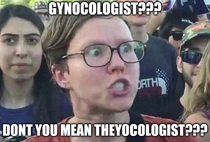 Triggered Liberal | GYNOCOLOGIST??? DONT YOU MEAN THEYOCOLOGIST??? | image tagged in triggered liberal | made w/ Imgflip meme maker