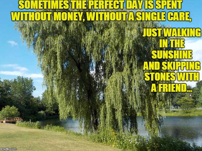 Hovey Pond Poem 2018 | SOMETIMES THE PERFECT DAY IS SPENT WITHOUT MONEY, WITHOUT A SINGLE CARE, JUST WALKING IN THE SUNSHINE AND SKIPPING STONES WITH A FRIEND... | image tagged in hovey pond,glens falls,queensbury,perfect day,summertime | made w/ Imgflip meme maker