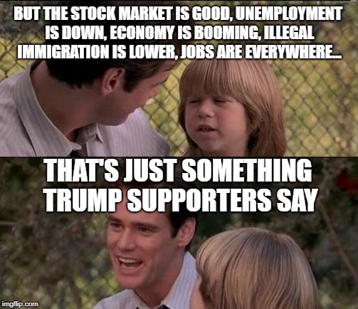 That's Just Something X Say | BUT THE STOCK MARKET IS GOOD, UNEMPLOYMENT IS DOWN, ECONOMY IS BOOMING, ILLEGAL IMMIGRATION IS LOWER, JOBS ARE EVERYWHERE... THAT'S JUST SOMETHING TRUMP SUPPORTERS SAY | image tagged in memes,thats just something x say | made w/ Imgflip meme maker