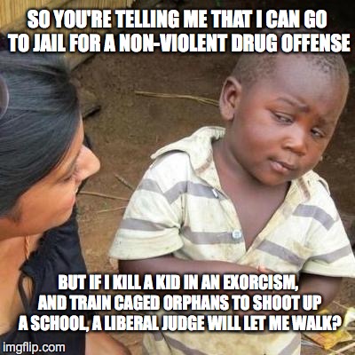 So You're Telling Me | SO YOU'RE TELLING ME THAT I CAN GO TO JAIL FOR A NON-VIOLENT DRUG OFFENSE; BUT IF I KILL A KID IN AN EXORCISM, AND TRAIN CAGED ORPHANS TO SHOOT UP A SCHOOL, A LIBERAL JUDGE WILL LET ME WALK? | image tagged in so you're telling me | made w/ Imgflip meme maker