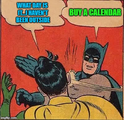 Batman Slapping Robin Meme | WHAT DAY IS IT...I HAVEN'T BEEN OUTSIDE BUY A CALENDAR | image tagged in memes,batman slapping robin | made w/ Imgflip meme maker