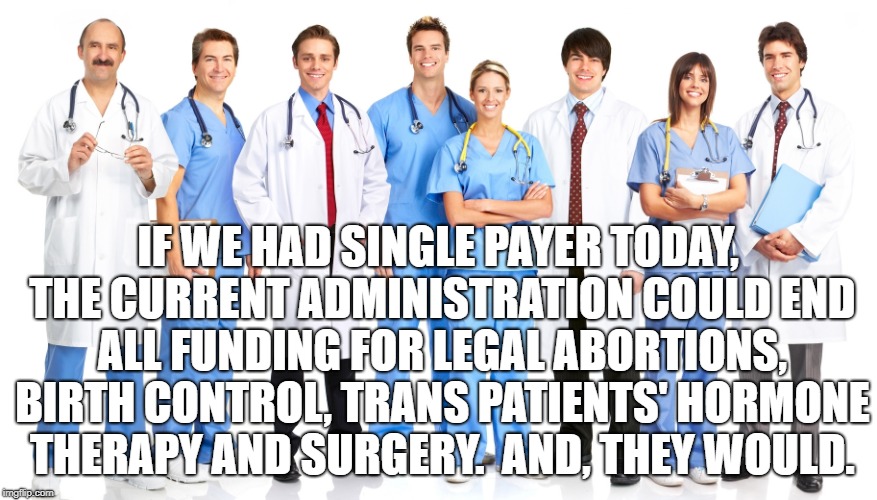 Doctors | IF WE HAD SINGLE PAYER TODAY, THE CURRENT ADMINISTRATION COULD END ALL FUNDING FOR LEGAL ABORTIONS, BIRTH CONTROL, TRANS PATIENTS' HORMONE THERAPY AND SURGERY.  AND, THEY WOULD. | image tagged in doctors | made w/ Imgflip meme maker