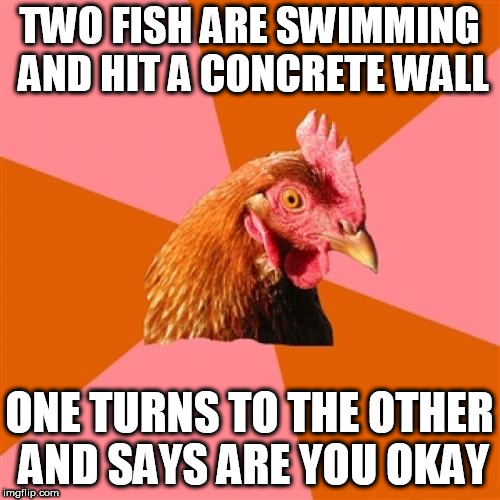 Anti Joke Chicken | TWO FISH ARE SWIMMING AND HIT A CONCRETE WALL; ONE TURNS TO THE OTHER AND SAYS ARE YOU OKAY | image tagged in memes,anti joke chicken | made w/ Imgflip meme maker