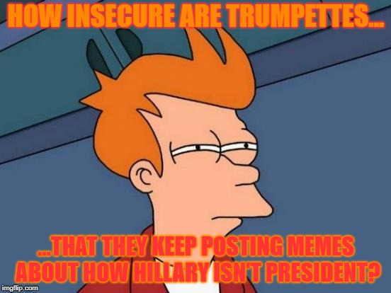 Not sure if Looking for Liberal Tears...or Trumpette Applause. | HOW INSECURE ARE TRUMPETTES... ...THAT THEY KEEP POSTING MEMES ABOUT HOW HILLARY ISN'T PRESIDENT? | image tagged in futurama fry,notmypresident,trump,hillary clinton,political meme,funny memes | made w/ Imgflip meme maker