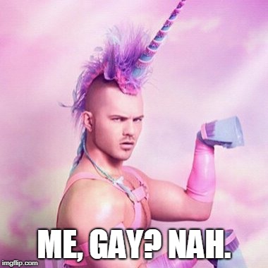 Unicorn MAN Meme | ME, GAY? NAH. | image tagged in memes,unicorn man | made w/ Imgflip meme maker