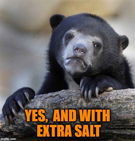 Confession Bear Meme | YES,  AND WITH EXTRA SALT | image tagged in memes,confession bear | made w/ Imgflip meme maker