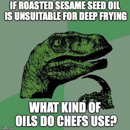 Making Tempura | IF ROASTED SESAME SEED OIL IS UNSUITABLE FOR DEEP FRYING; WHAT KIND OF OILS DO CHEFS USE? | image tagged in memes,philosoraptor,food,oil,tempura | made w/ Imgflip meme maker