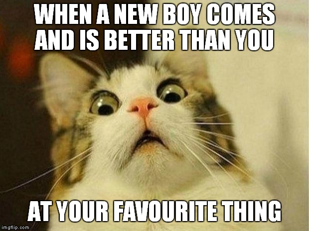 Scared Cat Meme | WHEN A NEW BOY COMES AND IS BETTER THAN YOU; AT YOUR FAVOURITE THING | image tagged in memes,scared cat | made w/ Imgflip meme maker