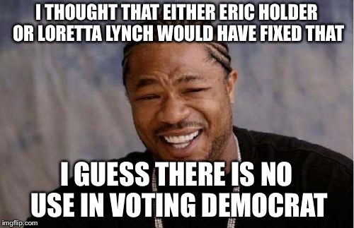 Yo Dawg Heard You Meme | I THOUGHT THAT EITHER ERIC HOLDER OR LORETTA LYNCH WOULD HAVE FIXED THAT I GUESS THERE IS NO USE IN VOTING DEMOCRAT | image tagged in memes,yo dawg heard you | made w/ Imgflip meme maker