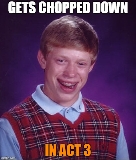 Bad Luck Brian Meme | GETS CHOPPED DOWN IN ACT 3 | image tagged in memes,bad luck brian | made w/ Imgflip meme maker