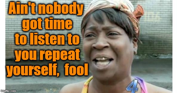 ain't nobody got time for that | Ain't nobody got time to listen to you repeat yourself,  fool | image tagged in ain't nobody got time for that | made w/ Imgflip meme maker
