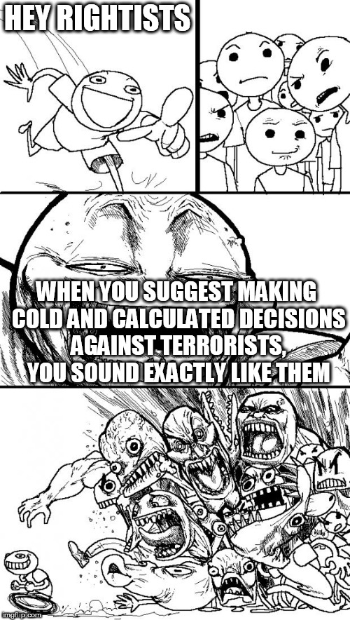 Hey Internet Meme | HEY RIGHTISTS; WHEN YOU SUGGEST MAKING COLD AND CALCULATED DECISIONS AGAINST TERRORISTS, YOU SOUND EXACTLY LIKE THEM | image tagged in memes,hey internet,terrorism,terrorist,terrorists,cold and calculated | made w/ Imgflip meme maker