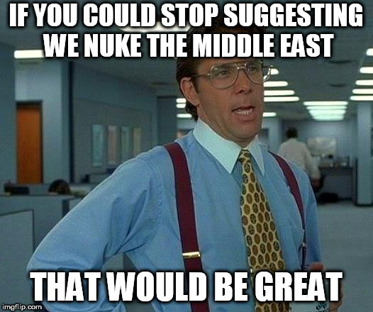 That Would Be Great Meme | IF YOU COULD STOP SUGGESTING WE NUKE THE MIDDLE EAST; THAT WOULD BE GREAT | image tagged in memes,that would be great,nuke,middle east,nuclear bomb,nuclear warfare | made w/ Imgflip meme maker