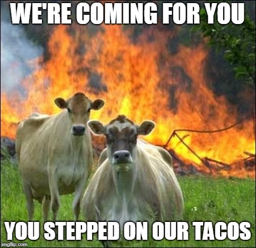 Evil Cows Meme | WE'RE COMING FOR YOU YOU STEPPED ON OUR TACOS | image tagged in memes,evil cows | made w/ Imgflip meme maker