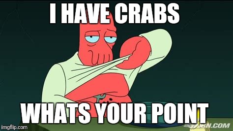 Zoidberg  | I HAVE CRABS WHATS YOUR POINT | image tagged in zoidberg | made w/ Imgflip meme maker