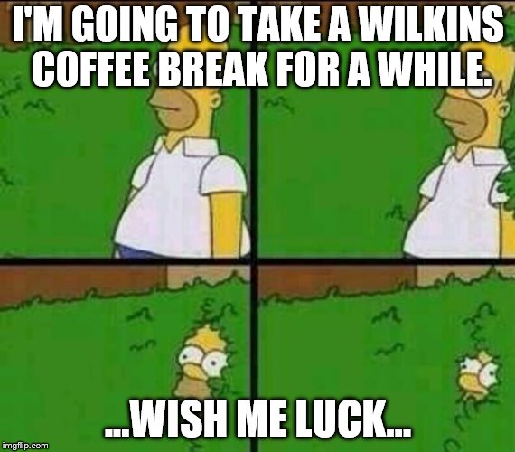 Homer Simpson in Bush - Large | I'M GOING TO TAKE A WILKINS COFFEE BREAK FOR A WHILE. ...WISH ME LUCK... | image tagged in homer simpson in bush - large | made w/ Imgflip meme maker