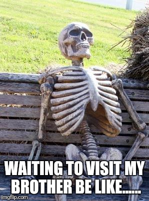 Waiting Skeleton Meme | WAITING TO VISIT MY BROTHER BE LIKE...... | image tagged in memes,waiting skeleton | made w/ Imgflip meme maker