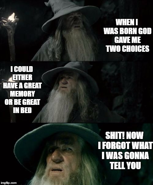 Confused Gandalf Meme | WHEN I WAS BORN GOD GAVE ME TWO CHOICES; I COULD EITHER HAVE A GREAT MEMORY OR BE GREAT IN BED; SHIT! NOW I FORGOT WHAT I WAS GONNA TELL YOU | image tagged in memes,confused gandalf,random | made w/ Imgflip meme maker