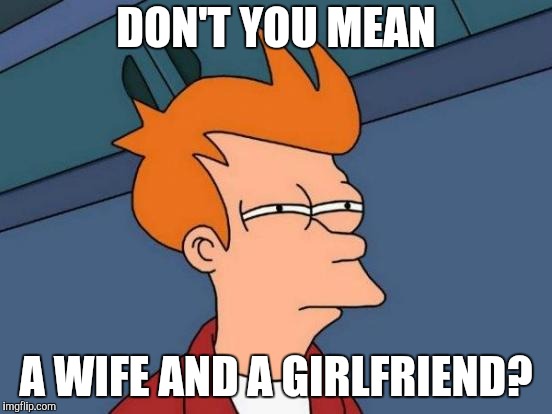 Futurama Fry Meme | DON'T YOU MEAN A WIFE AND A GIRLFRIEND? | image tagged in memes,futurama fry | made w/ Imgflip meme maker