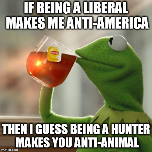 But That's None Of My Business Meme | IF BEING A LIBERAL MAKES ME ANTI-AMERICA; THEN I GUESS BEING A HUNTER MAKES YOU ANTI-ANIMAL | image tagged in memes,but thats none of my business,kermit the frog,liberal,hunter,hypocrisy | made w/ Imgflip meme maker