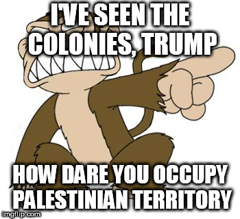 Angry Monkey Family Guy | I'VE SEEN THE COLONIES, TRUMP; HOW DARE YOU OCCUPY PALESTINIAN TERRITORY | image tagged in angry monkey family guy,donald trump,trump,palestine,occupation,territory | made w/ Imgflip meme maker