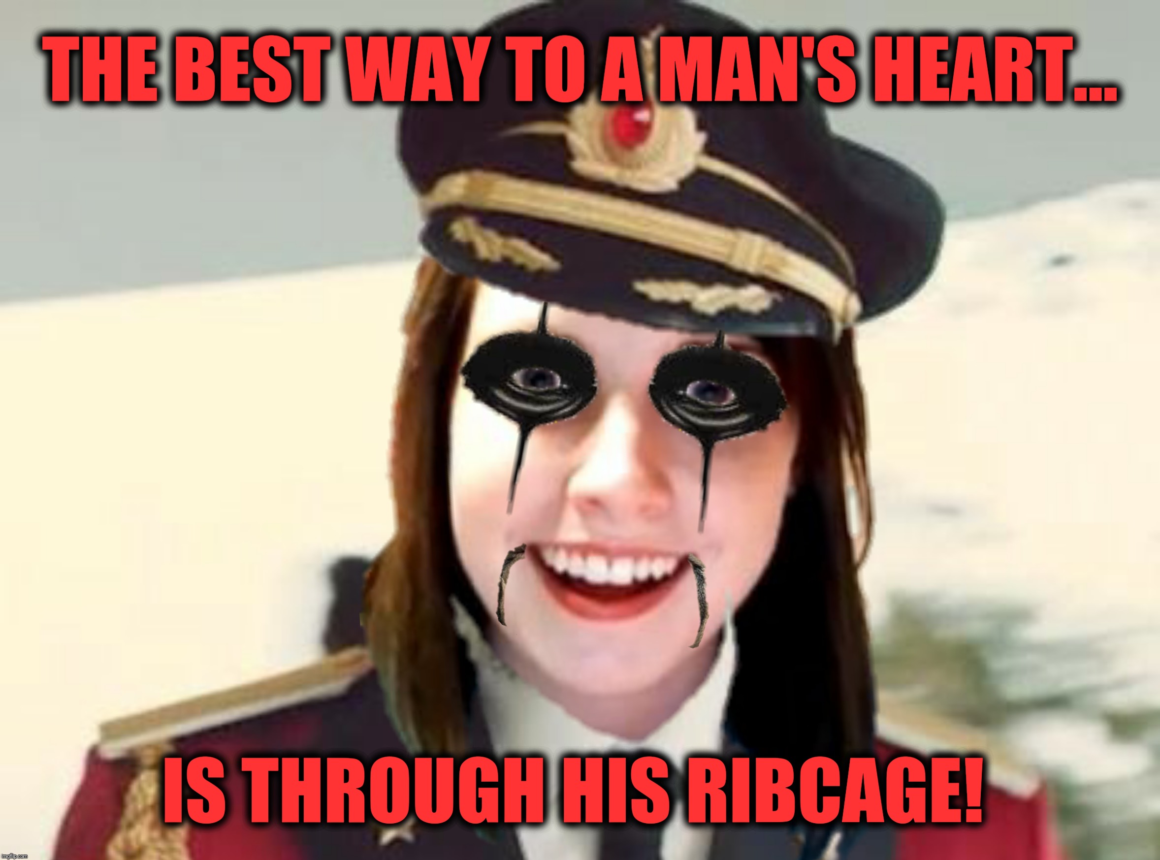 Bad Photoshop Sunday presents:  Captain Overly Obvious Girlfriend  Cooper  (Alice Cooper tonight!) | THE BEST WAY TO A MAN'S HEART... IS THROUGH HIS RIBCAGE! | image tagged in bad photoshop sunday,alice cooper,captain obvious,overly attached girlfriend | made w/ Imgflip meme maker