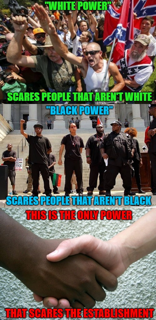 The government and the media are keeping us divided for a reason...which is why imgflip won't feature this meme....LOL | "WHITE POWER"; SCARES PEOPLE THAT AREN'T WHITE; "BLACK POWER"; SCARES PEOPLE THAT AREN'T BLACK; THIS IS THE ONLY POWER; THAT SCARES THE ESTABLISHMENT | image tagged in coming together,memes,white power,black power,united we should stand | made w/ Imgflip meme maker
