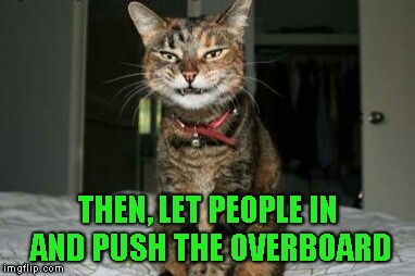 Evil Smile Cat | THEN, LET PEOPLE IN AND PUSH THE OVERBOARD | image tagged in evil smile cat | made w/ Imgflip meme maker