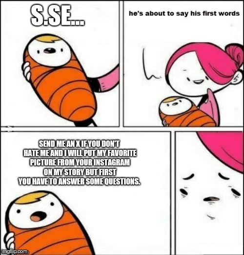 baby first words | S.SE... SEND ME AN X IF YOU DON'T HATE ME AND I WILL PUT MY FAVORITE PICTURE FROM YOUR INSTAGRAM ON MY STORY BUT FIRST YOU HAVE TO ANSWER SOME QUESTIONS. | image tagged in baby first words | made w/ Imgflip meme maker