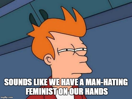 Futurama Fry Meme | SOUNDS LIKE WE HAVE A MAN-HATING FEMINIST ON OUR HANDS | image tagged in memes,futurama fry | made w/ Imgflip meme maker
