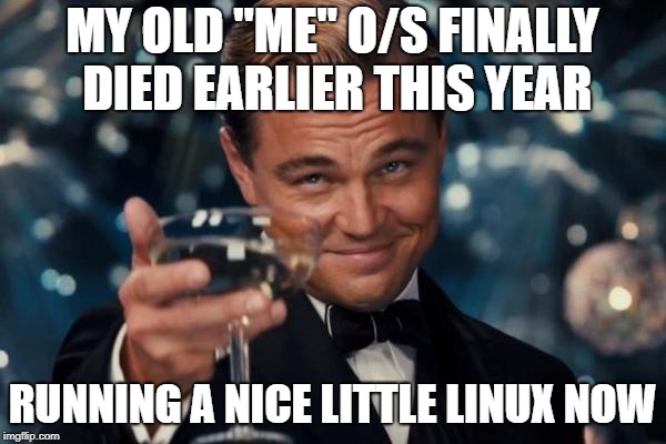 Leonardo Dicaprio Cheers Meme | MY OLD "ME" O/S FINALLY DIED EARLIER THIS YEAR RUNNING A NICE LITTLE LINUX NOW | image tagged in memes,leonardo dicaprio cheers | made w/ Imgflip meme maker