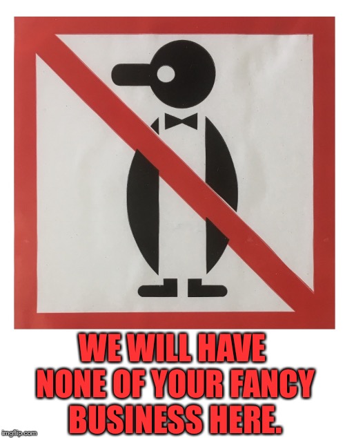 Ya Hear Me? None Of It! | WE WILL HAVE NONE OF YOUR FANCY BUSINESS HERE. | image tagged in anti-penguin suit,fancy,penguin,anti,memes,tuxedo | made w/ Imgflip meme maker