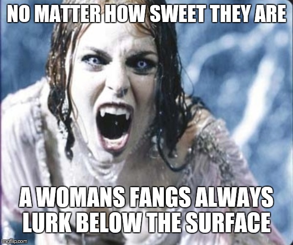 NO MATTER HOW SWEET THEY ARE A WOMANS FANGS ALWAYS LURK BELOW THE SURFACE | image tagged in vampire girl | made w/ Imgflip meme maker